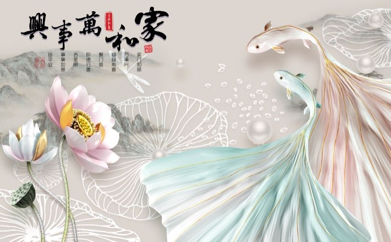 立体浮雕荷花金鱼