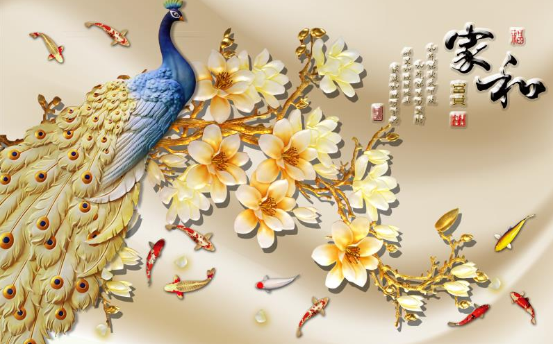 浮雕孔雀玉兰花 
