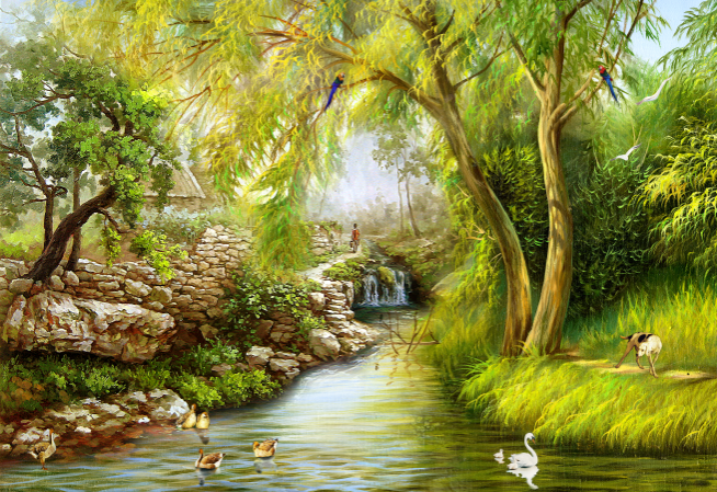 油画小溪背景墙油