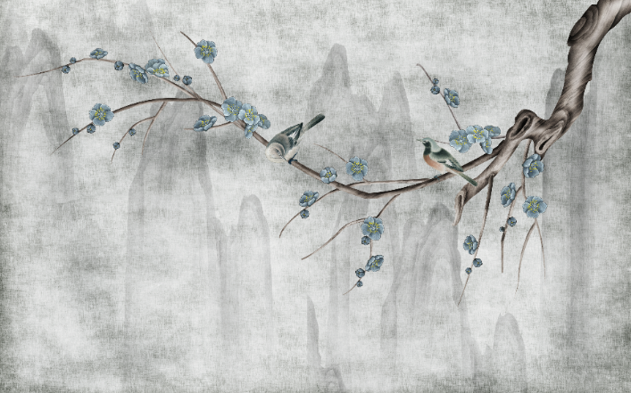 中式手绘蓝梅花鸟