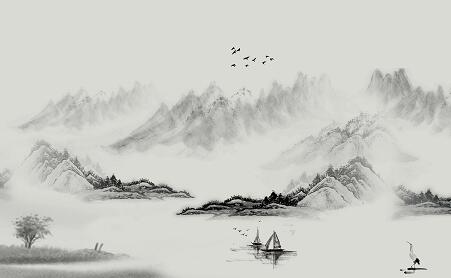 山水水墨画 小船