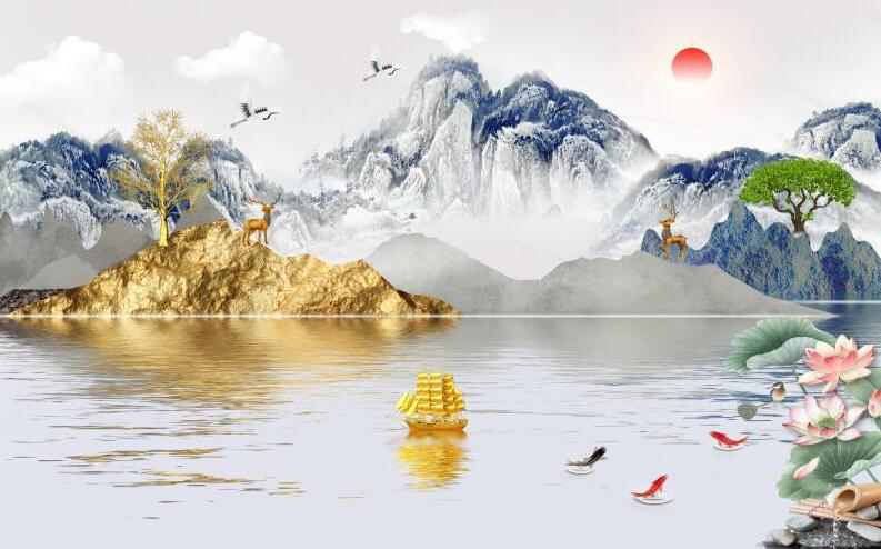 新中式金色山水麋