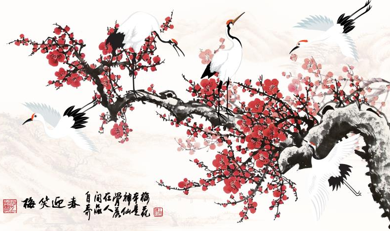 笑迎梅花仙鹤山水