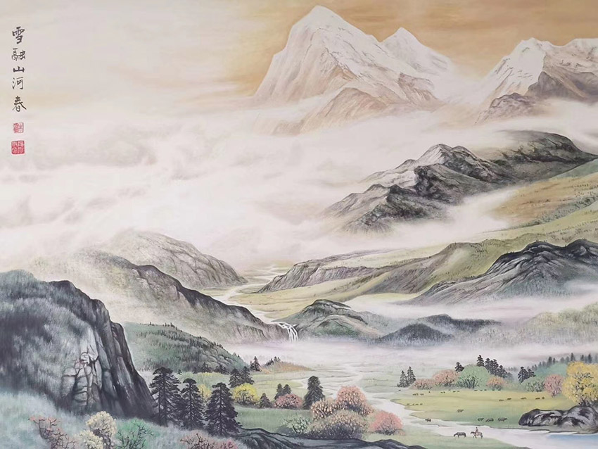 中式手绘山水背景