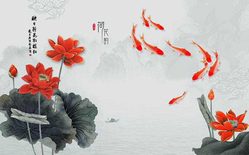 新中式背景墙荷花