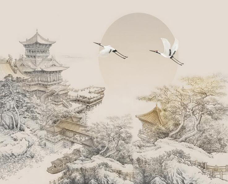新中式亭台楼阁背