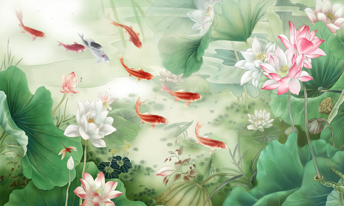 手绘荷花九鱼图莲