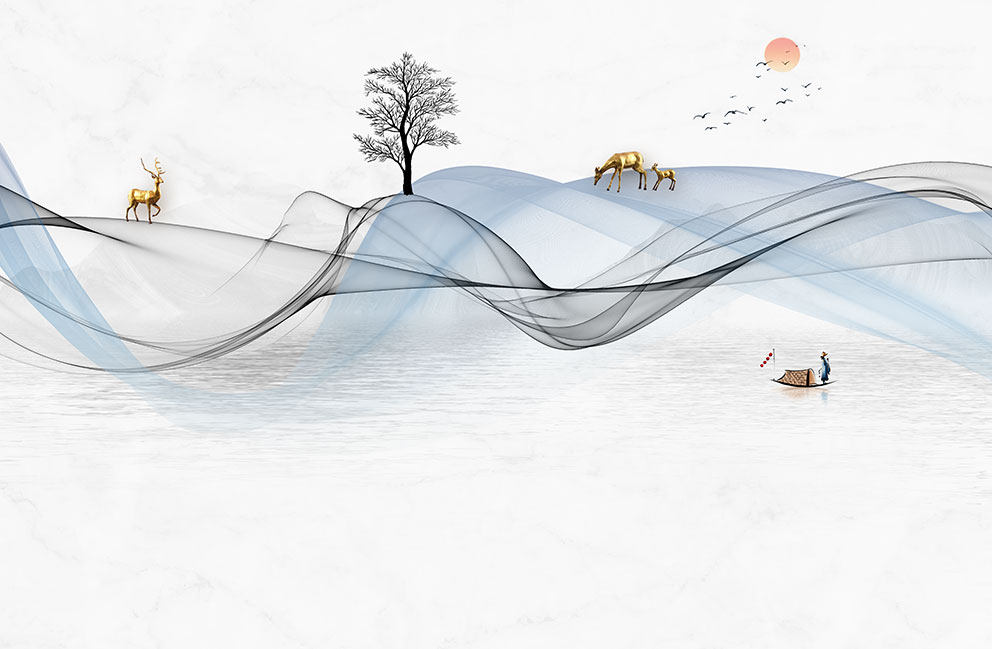 分层飘带麋鹿山水