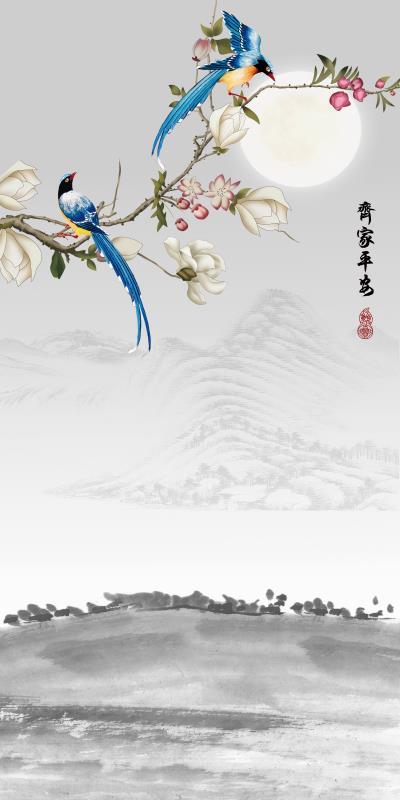中式手绘玉兰花开