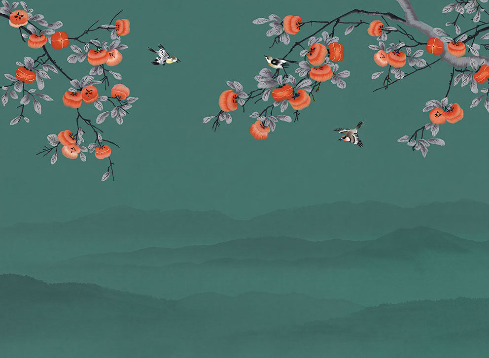 新中式花鸟柿子背