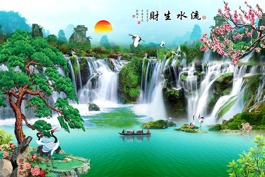 中式山水瀑布 流