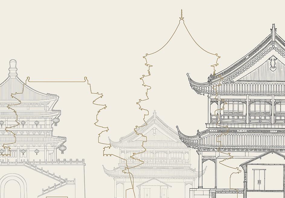 中式手绘线描楼阁