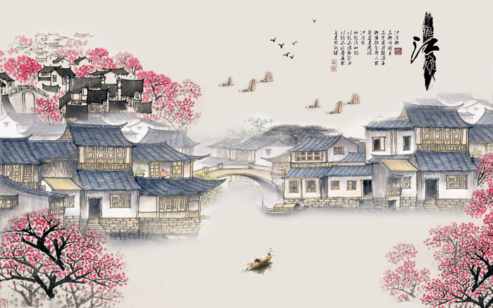 手绘花鸟忆江南背