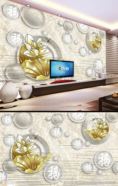 G荷花彩雕背景墙