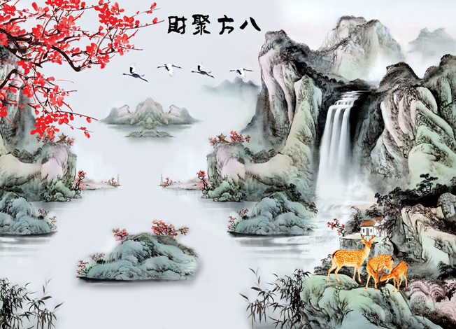 新中式手绘山水花