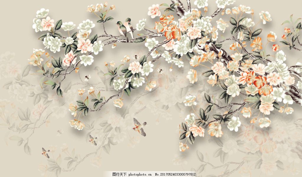手绘花鸟图背景墙