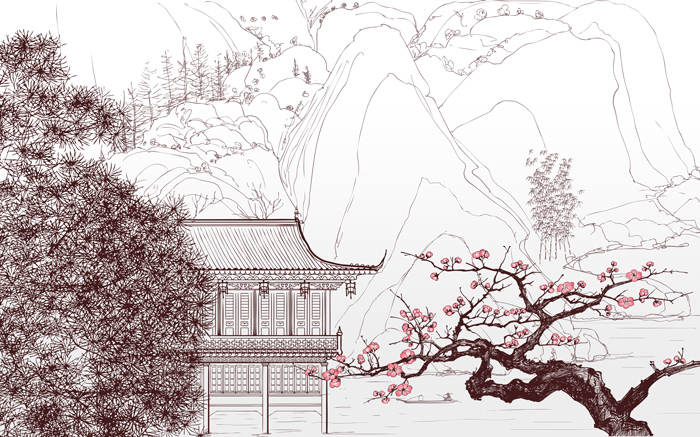 手绘梅花山画背景