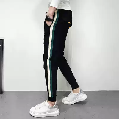 Pants men's Korean version of the trend personality striped webbing casual pants men's 2021 summer new slim all-match nine-point pants
