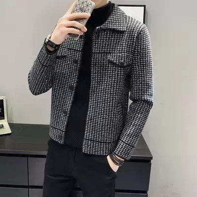 Short lapel jacket men's slim all-match 2021 spring new Korean version of the trend men's houndstooth lapel jacket