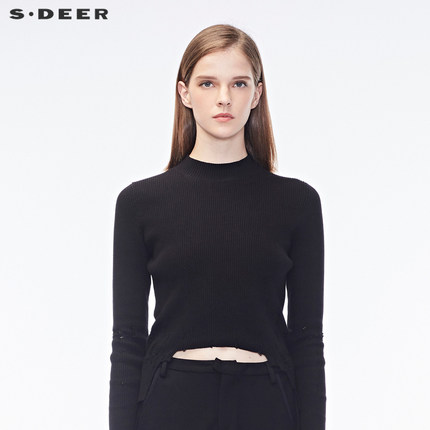 sdeer圣迪奥女装2018秋装修身抽丝破缺圆领针