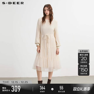 sdeer圣迪奥女装25年新品时尚圆领收腰网纱连衣裙S254Z1201