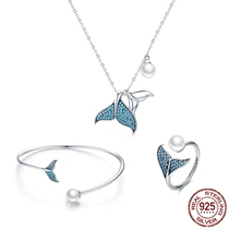 Whale tail ring Bracelet necklace set Open adjustable ring Sterling Silver s925 European and American fish Tail Whale Tail Necklace