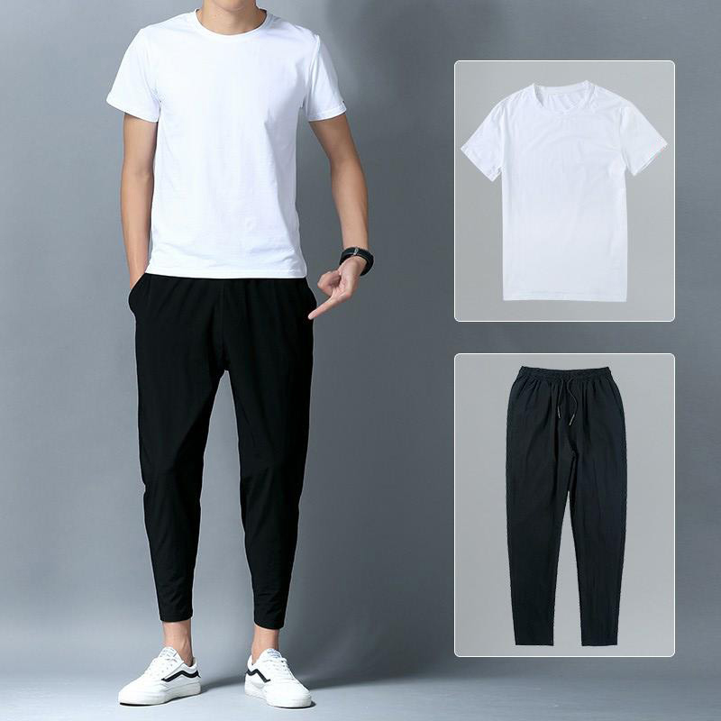 Sports suit men's summer ice silk nine-point pants Men's casual ruffian handsome trend handsome with clothes A set of men's clothing
