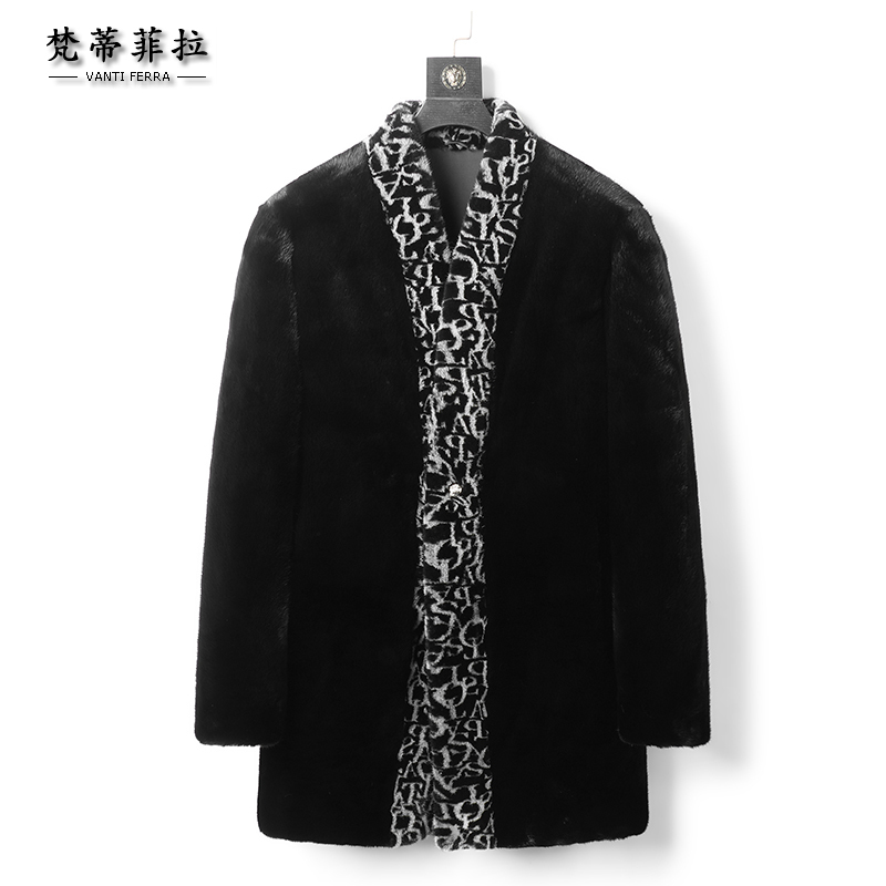 Imported Crown Velvet Mink Fur Coat for Men, Whole Mink Haining Fur Jacket, Baojiamei Mid-Length Fur Coat