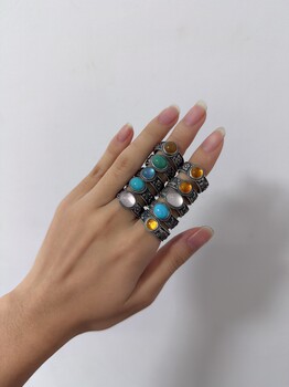 Engraved solid silver inlaid ring