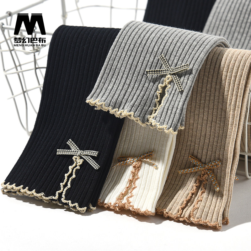 Girls leggings spring and autumn thin children's striped stretch white pants baby black foreign air outside wear cropped tights