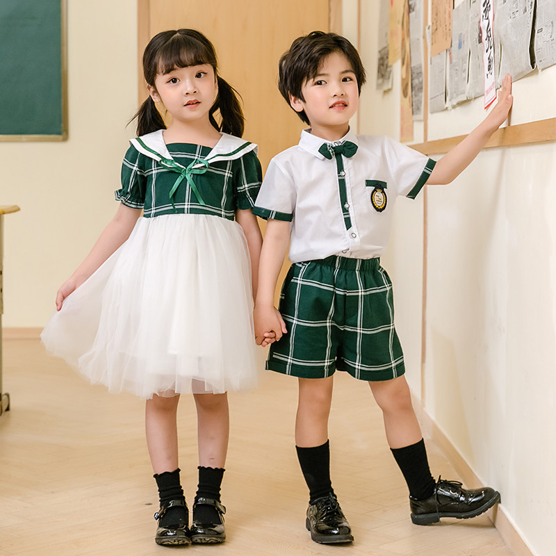 Kindergarten school uniform summer school uniform for primary school students summer cotton short-sleeved suit British children's class service graduation photo service