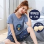 Với áo ngực độn ngực, đồ ngủ bằng cotton, tay ngắn, bộ đồ hai dây mùa hè, phiên bản Hàn Quốc rộng rãi, có thể mặc quần áo bên ngoài - Pyjama đồ bộ