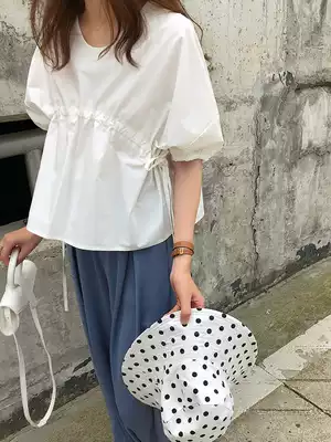 Crab Lane age age artifact girl sense doll shirt 2021 early spring port taste waist drawstring short sleeve shirt Women