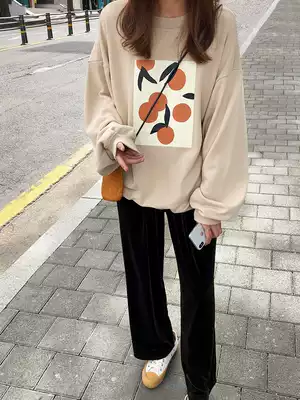 Crab Lane Custom Orange Print Thick Cotton T Spring New Loose oversize Casual Joker Top Women