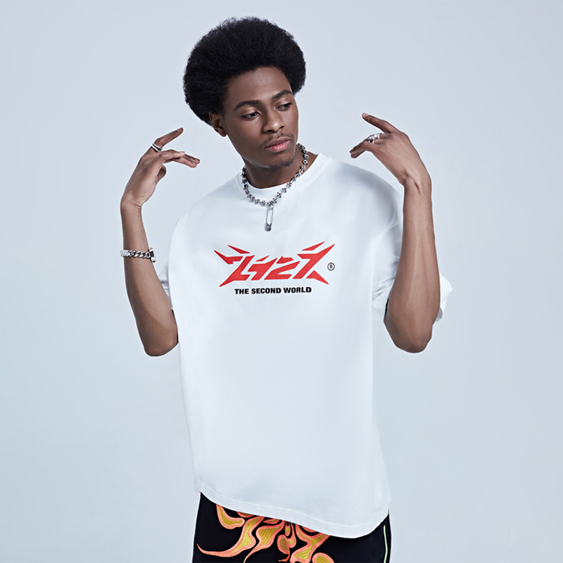 2727World Classic Heart Short-Sleeve T-Shirt in Black, White, and Gray, Loose Fit, Crew Neck, Hip-Hop Style, Pure Cotton Print