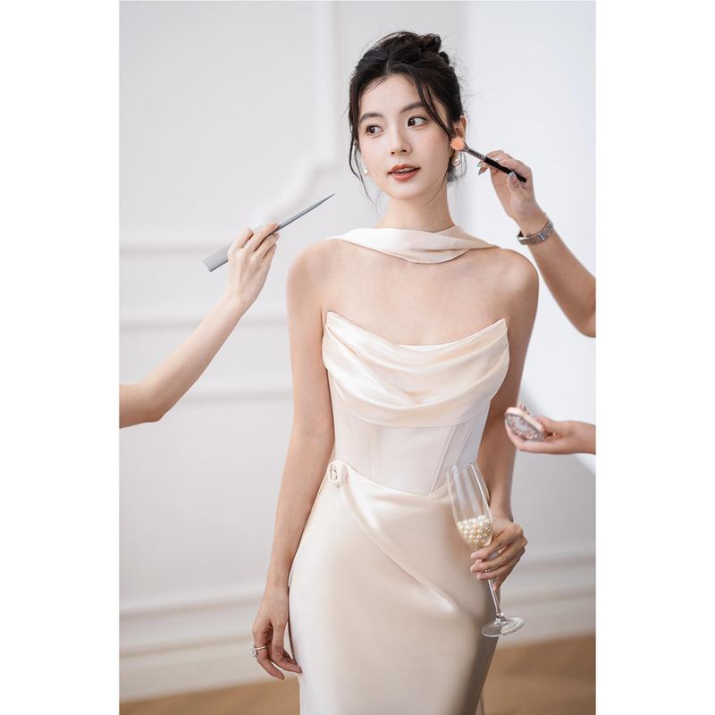 French-Style Strapless Light Wedding Dress, High-End and Stunning Morning Robe for Female Brides, Engagement and Wedding Dress, Satin Homecoming Toast Dress