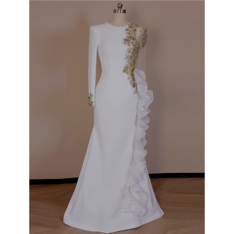 White Annual Meeting Host Dress 2026 New Model Dignified and Elegant Long-Sleeved Ethnic Vocal Performance Exam Runway Performance Costume