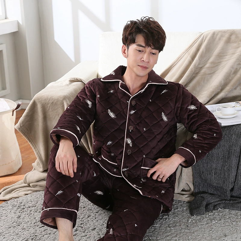 Đồ ngủ nam mùa đông nhung san hô nhung ba lớp dày lên thanh niên flannel rắn màu ấm áp dịch vụ nhà phù hợp đồ lót nam đẹp