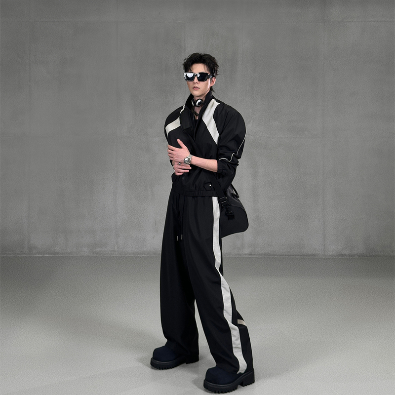 Longtaodao Early Autumn New Trendy American Retro Color-Blocking Design Sports Stand-Up Collar Jacket Loose Wide-Leg Pants Set Longtaodao Early Autumn New Trendy American Retro Color-Blocking Design Sports Stand-Up Collar Jacket Loose Wide-Leg Pants Set