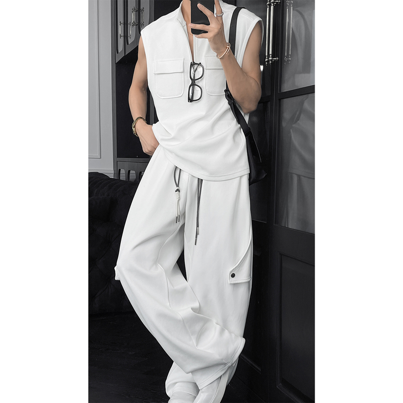 Longdodao Summer New Trendy Simple High-End Stand-Up Collar Vest Versatile Loose Scimitar Pants Set