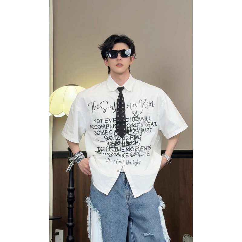 Longtaodao 2026 Summer New Product American Trendy Brand Hand-Painted Letter Graffiti Design Short-Sleeved Loose Shirt for Men