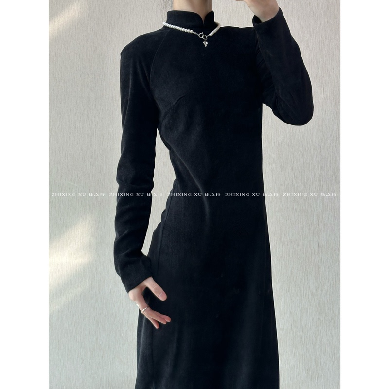 Xu Zhi Xing｜【Restocking!】Blackjade Autumn/Winter Black Long-Sleeve Cheongsam Dress Contains Lyocell