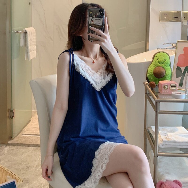 Lace nightdress female summer V-neck cotton suspender princess style Korean student cute sexy girl small fresh ins