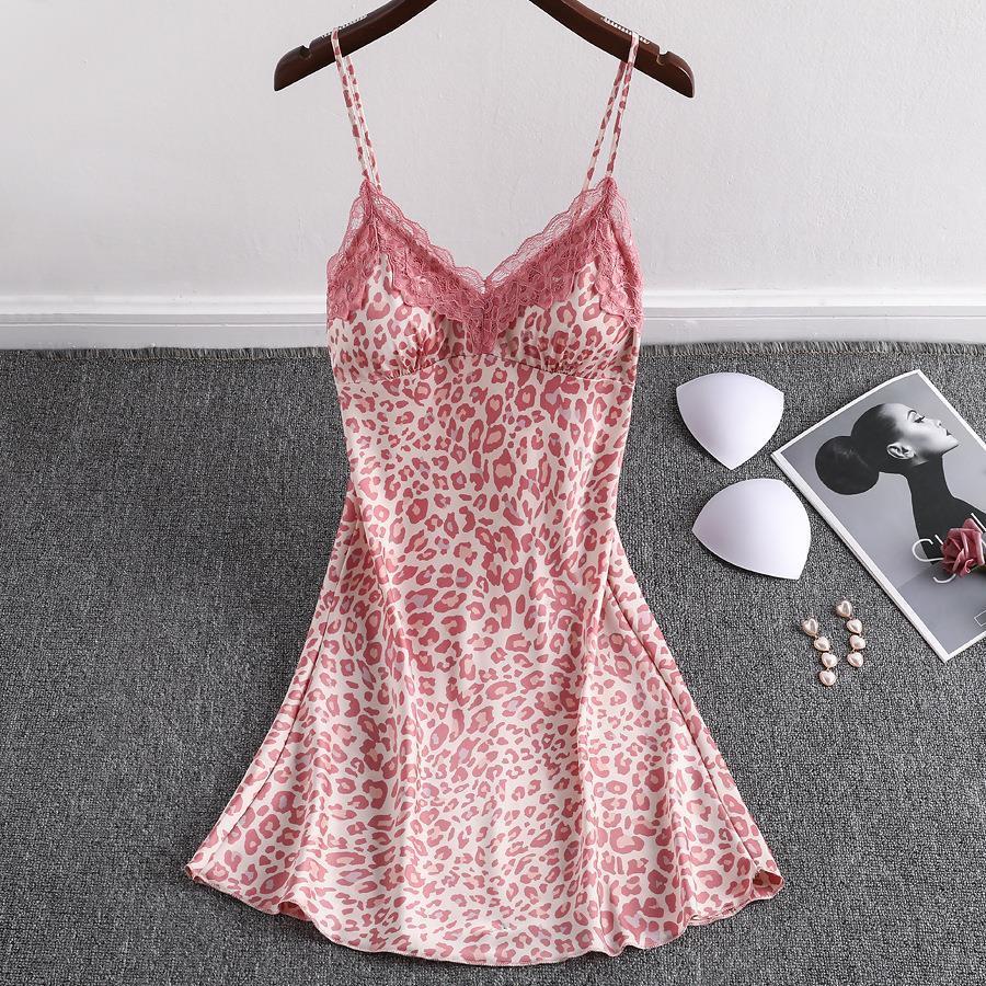 Summer sexy ice silk nightdress extremely tempting pink BAO WEN pajamas women's lace sling nightdress Korean version with chest pad