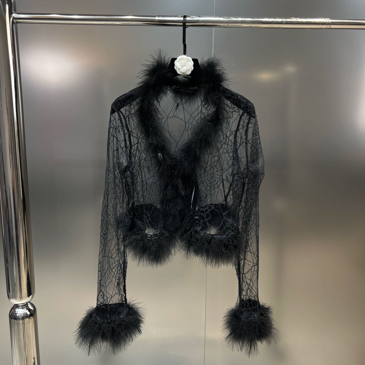 Grapefruit MM 2022 Fall V - collar ostrich hair spider web pattern perspective veil sweater coat