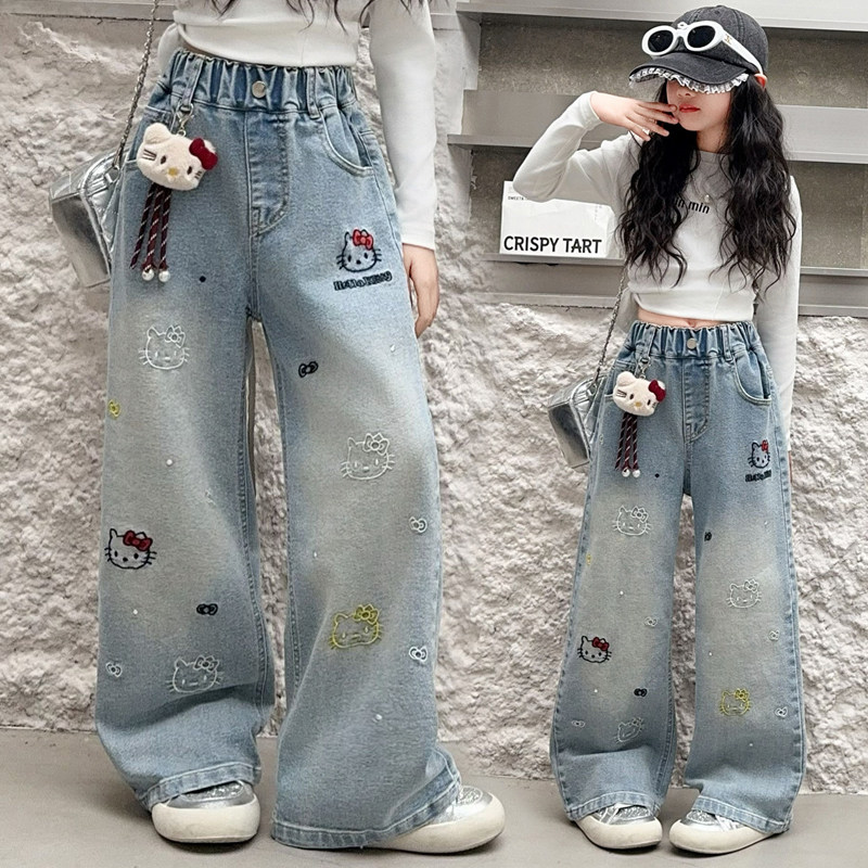 女の子用ハローキティジーンズ、2026年春夏新作、ワイドレッグパンツ（8～9歳向け）