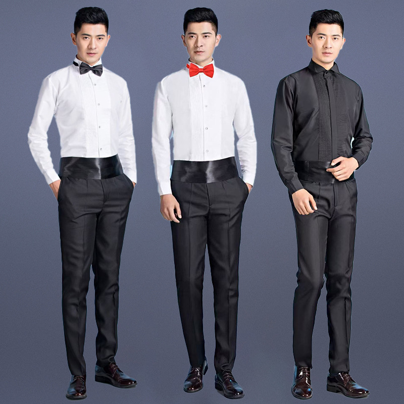 Long-Sleeved White Slim-Fit Shirt Men's Stage Chorus Performance Dress Swallowtail Wedding Groomsmen Suit Pleated Shirt