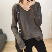 Curled design autumn and winter joker loose slim U collar bamboo cotton long sleeve T-shirt women simple solid color base shirt top