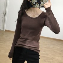 Round neck T-shirt womens autumn and winter Korean retro solid color wild top stretch Stretch Slim slim body long sleeve base shirt