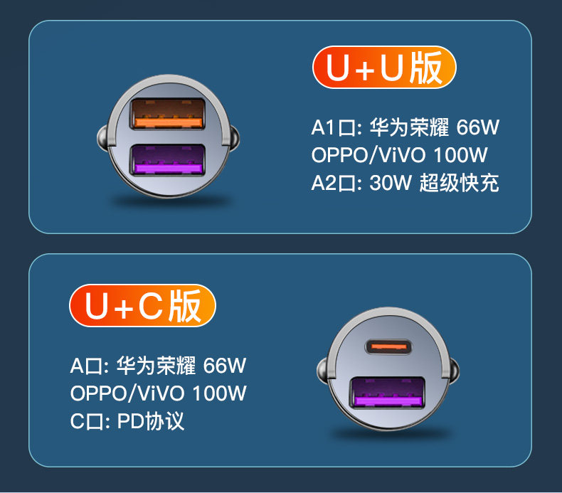Hidden Car Charger 66W/W Super Fast Charging Car Cigarette Lighter Adapter Three-in-One PD Fast Charging